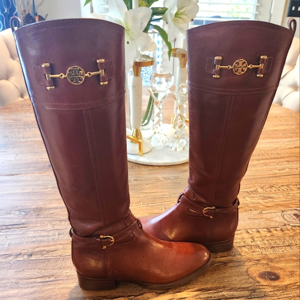 Tory Burch Nadine Brown Leather Horse Bit Equestrian Riding Boots size 8.5 women